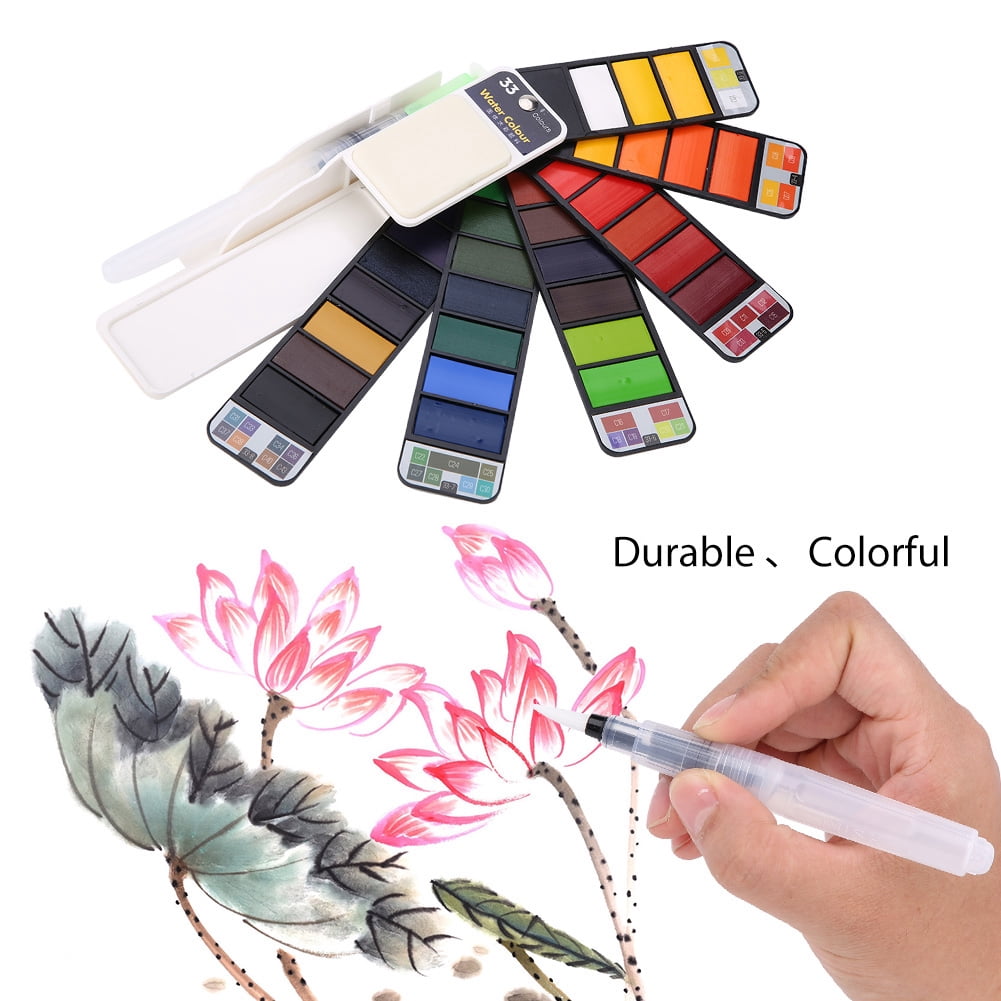 Watercolor Paint Set, Fan Shaped Pigment Painting Set Solid Watercolor with Drawing Dip Pen, Foldable Pigments with Water Brush for Artists Students Kids Beginners