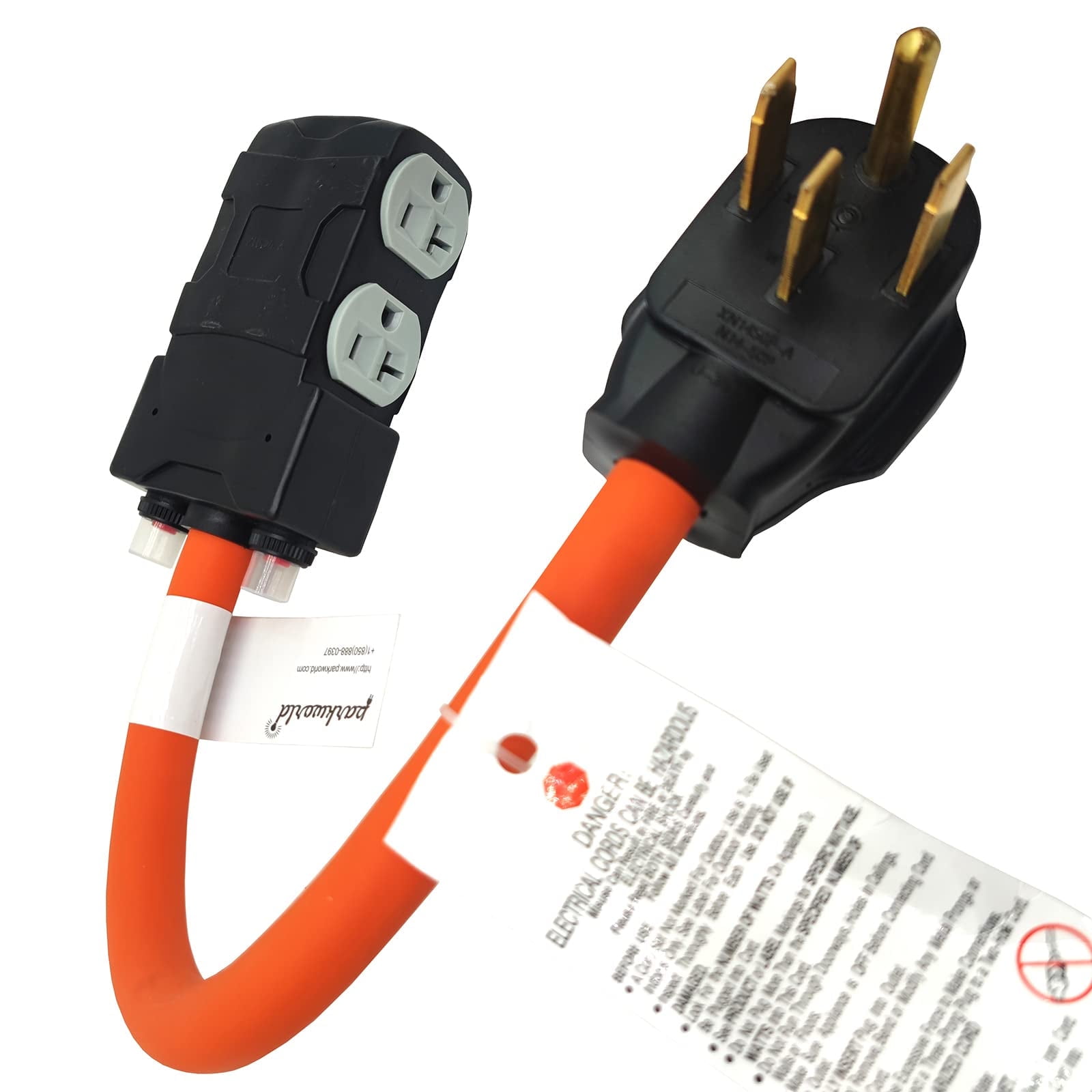 Parkworld 64873 NEMA 14-50P to 5-20R (T-Balde 5-15R) Adapter Cord with 24amp Circuit Breaker, RV 4-Prong 50A Plug to 4 of Household Regular 3-Prong 15A Outlet
