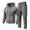 thumbnail image 2 of LTTVQM Mens Solid Color Full Matching Fleece Sweat Suit Full Zip Hoodie And Elastic Waist Multi-Pocket Cargo Straight Pants Daily Clothes Gray L, 2 of 7