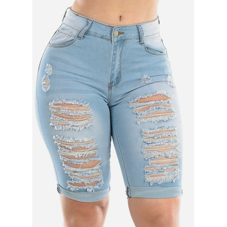 Womens Juniors Fashion Stretchy Mid Rise 1 Button Whisker Destroyed Distressed Ripped Light Wash Denim Bermuda Shorts 10561Z