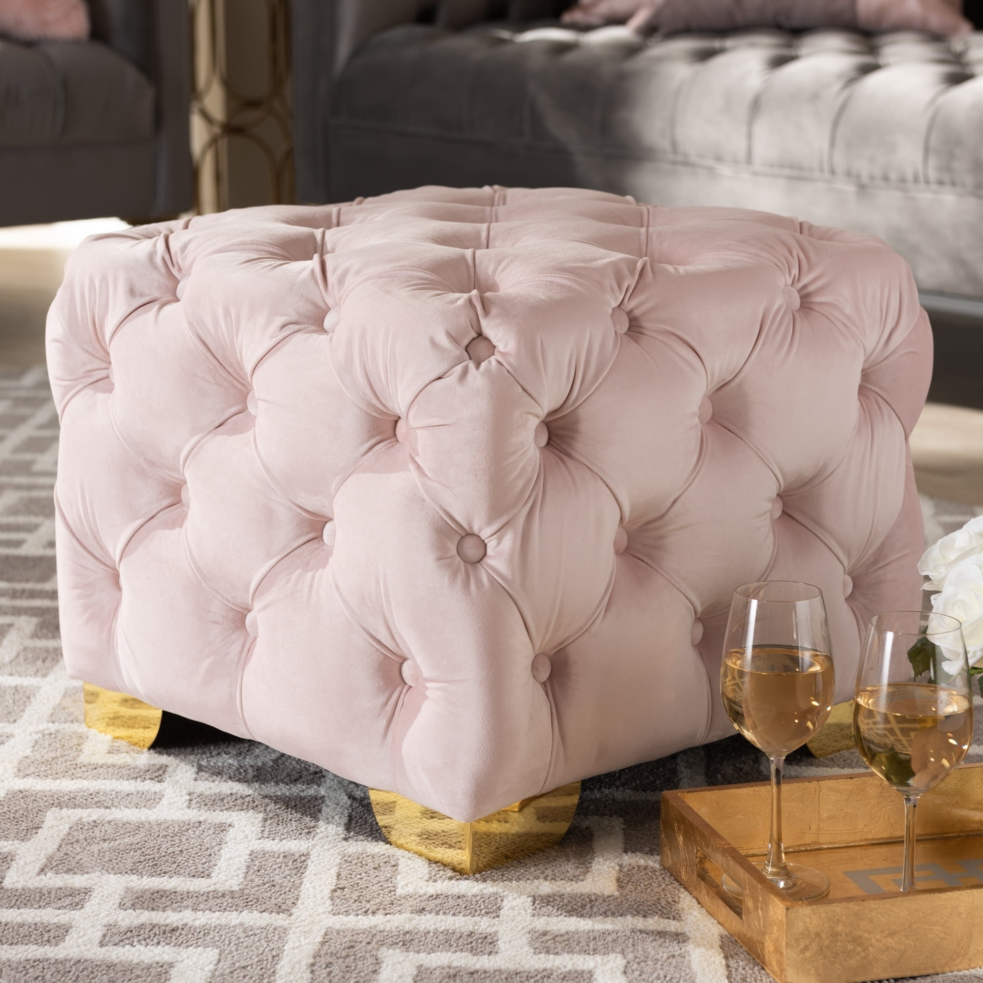 Baxton Studio Avara Glam and Luxe Royal Blue Velvet Fabric Upholstered Gold Finished Button Tufted Ottoman