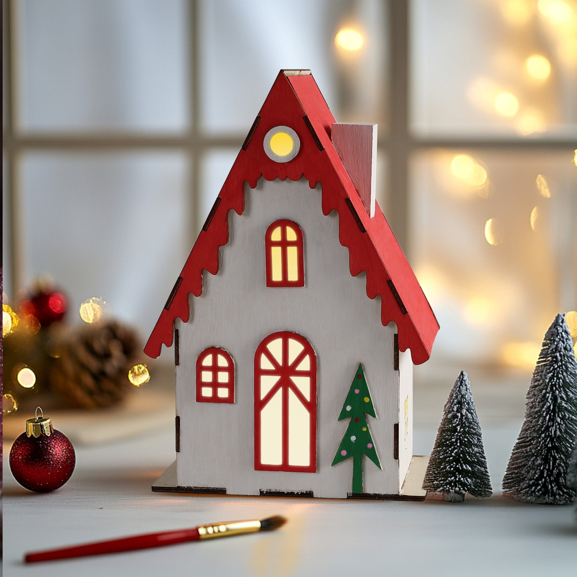 LED Light Up House and Paint Kit, 6.4 x 10 x 3.7 Inch, Wooden Decoration, Unisex,Christmas
