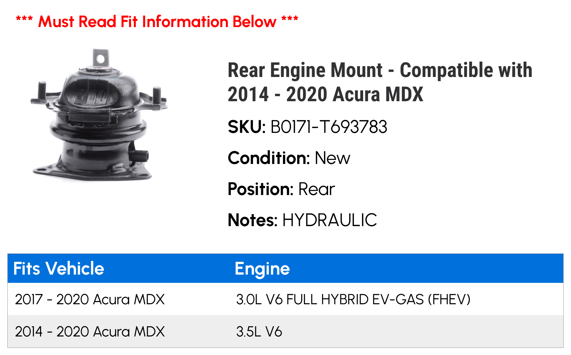 Rear Engine Mount - Compatible with 2014 - 2020 Acura MDX 2015 2016 2017 2018 2019