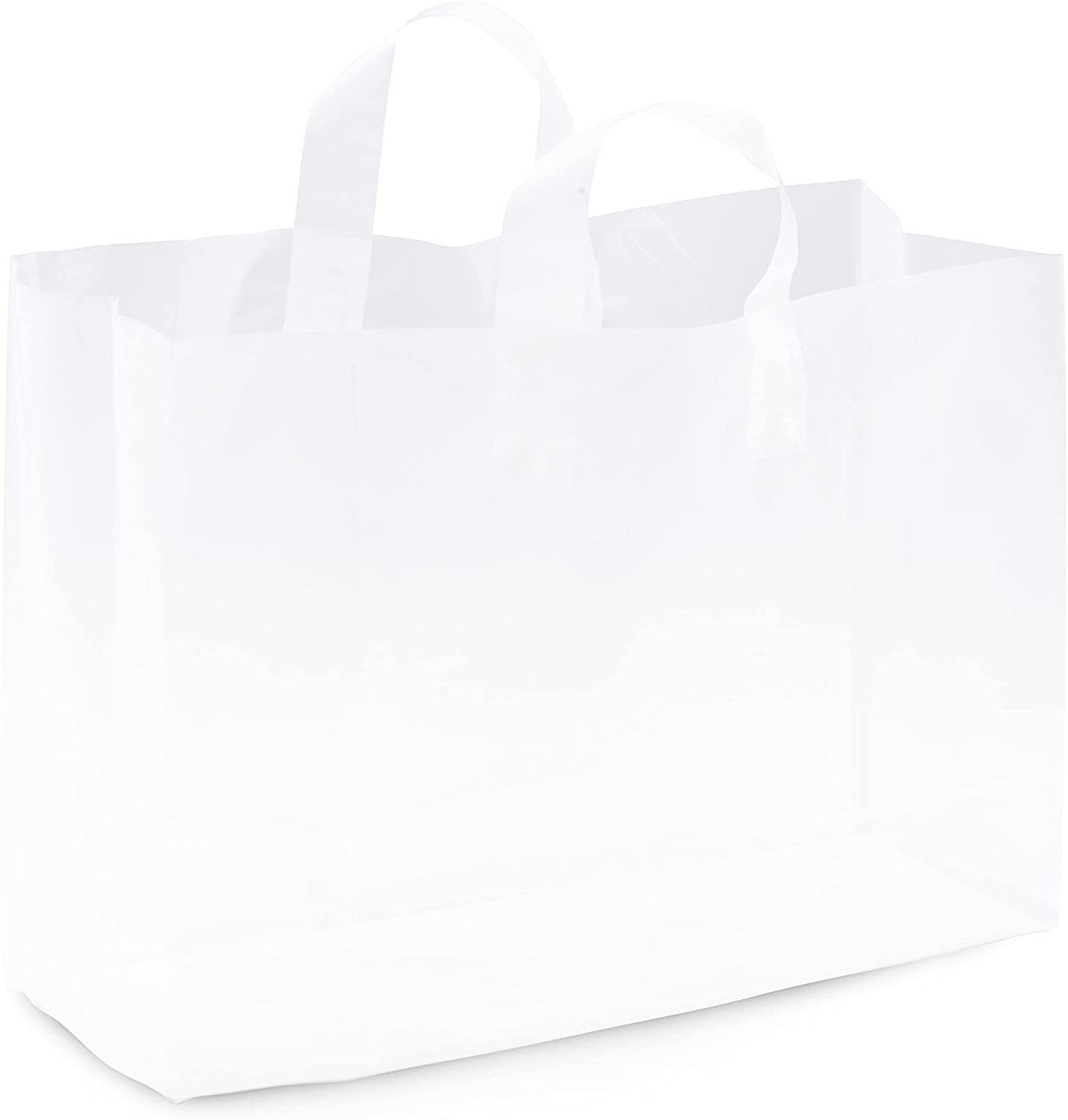 Frosted Plastic Gift Bags 50 Pack 12x16x5 Clear Frosted Plastic Bags for Small Business with Soft Loop Handles for Gifts Retail Bags and More