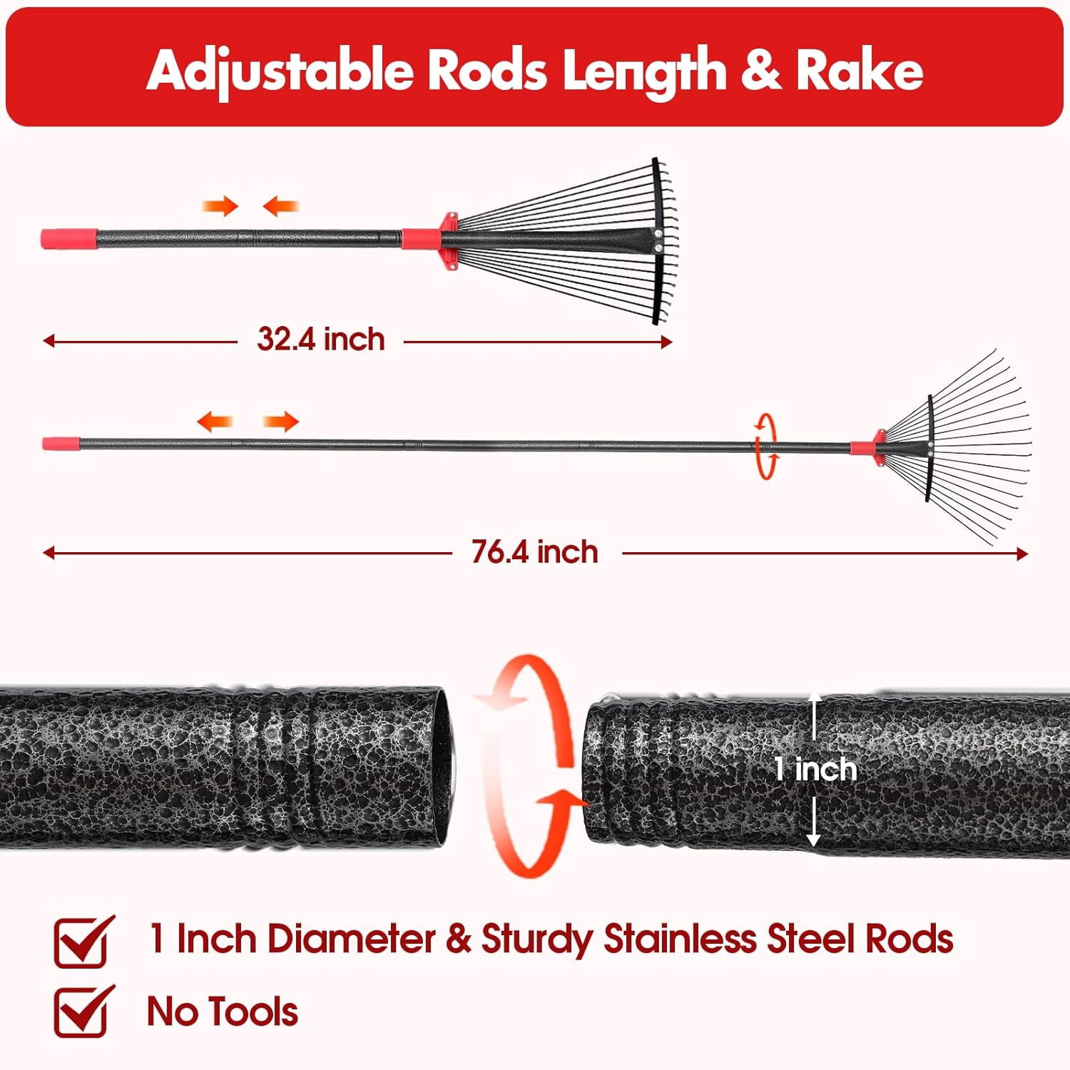 Rake for Leaves with Metal Tines Expandable Head Adjustable Handle for Lawn Leaf Rake Yard Tools for Collecting Leaves, Grass Clippings, Garbage