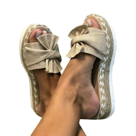 

Womens Summer Flatform Espadrille Slip On Peep Toe Bowknot Comfort Shoes Sandals