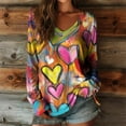 thumbnail image 1 of Xuyuer Cute Heart Graphics T-Shirt Women Valentines Shirt Colorful Dye Love Printed V-Neck Short Sleeves Retro Tee Top, 1 of 3