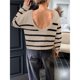 thumbnail image 5 of Suéter Corto de Cuello Redondo para Mujer, Larga, Tejido Grueso, Estilo Jersey, Ideal para Otoño Caqui y Negro M, 5 of 7