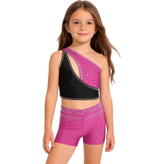 Hansber Kids Girls Cheerleading Outfit Gymnastics Dance Performance Sleeveless Crop Top with Shorts Set Hot Pink 12