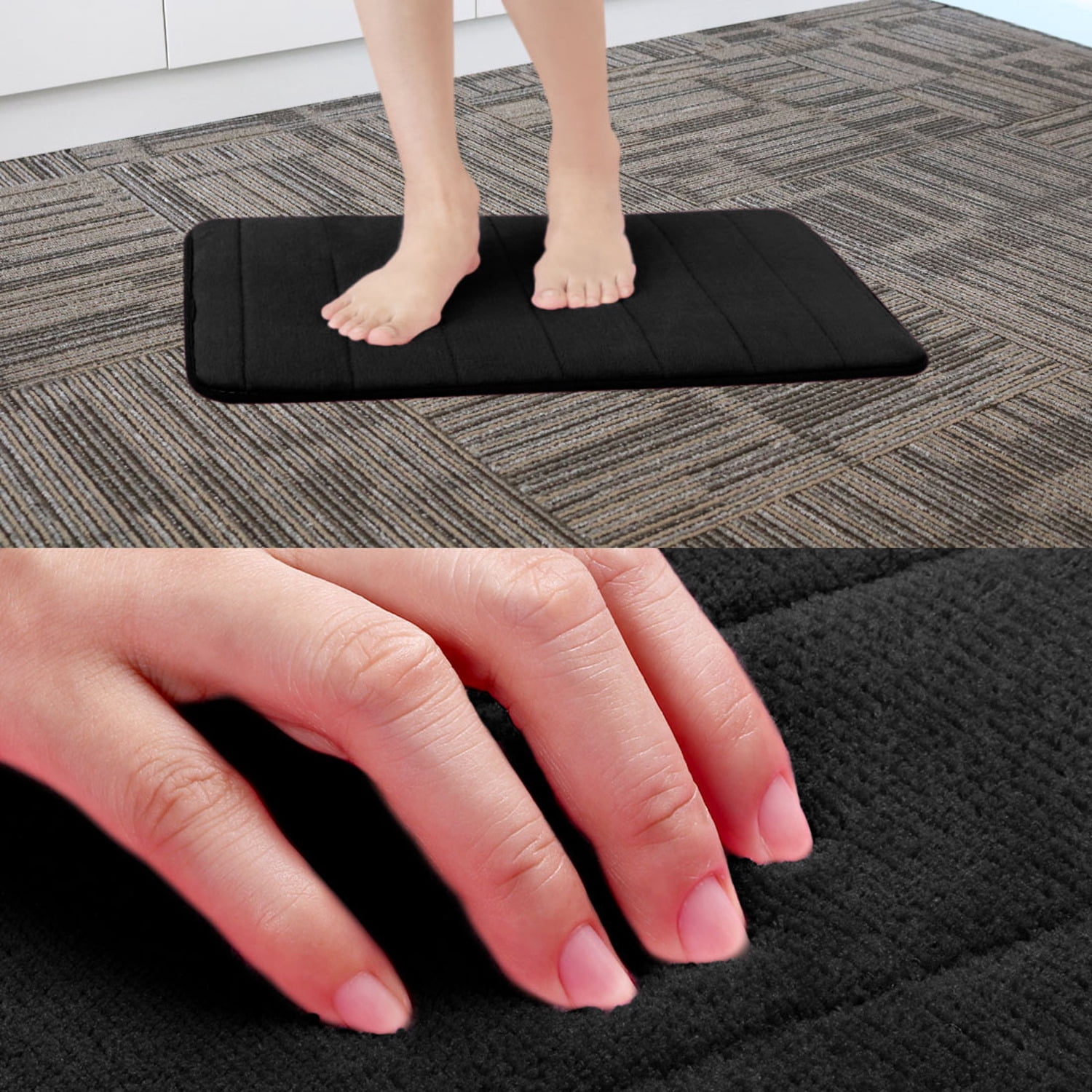 PiccoCasa Memory Foam Bath Mat Thin Absorbent Bath Rug Mat for Bathroom, Black 24" x 16"