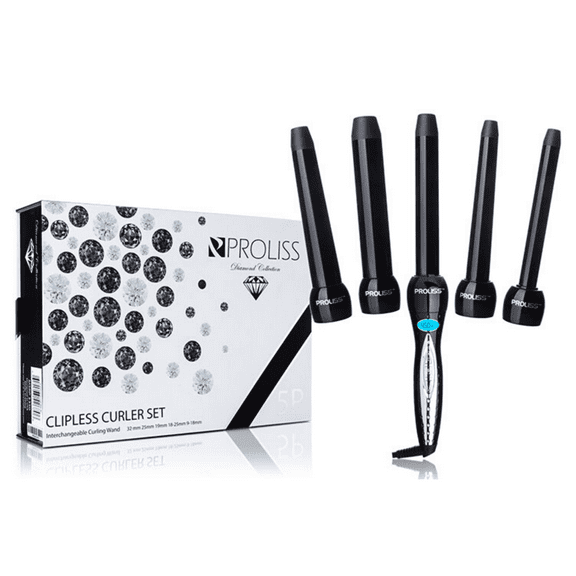 Proliss Diamond Collection 5P Curling Iron Wand 5 Pieces Clipless Curler Gift Set - Sizes: 9MM, 25-18MM, 25MM, 32-25MM, & 32MM