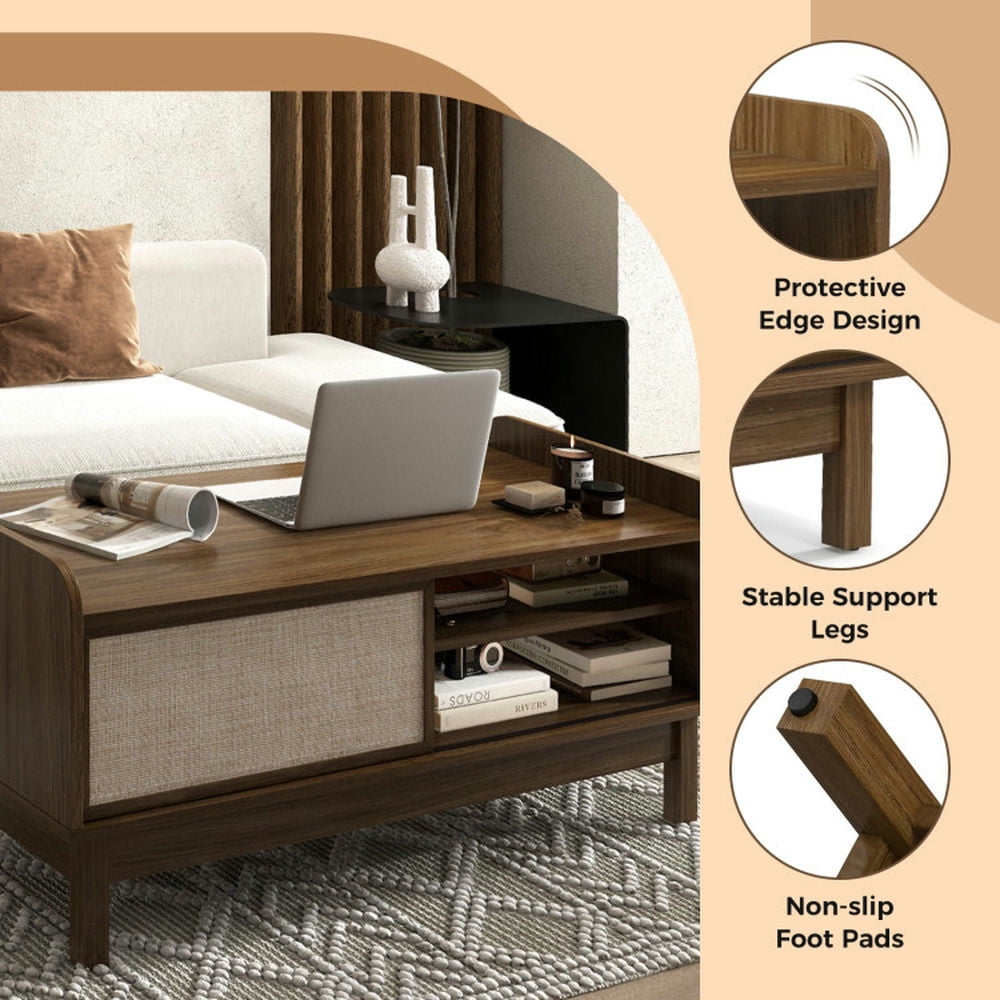 Finihen Coffee Table, Open Storage Shelf, Mid-Century Center Table with Storage and Weaving Sliding Door & Adjustable Shelf, for Home, Office, Living Room, Walnut Finihen Coffee Table, Open Storage Shelf, Mid-Century Center Table with Storage and Weaving Sliding Door & Adjustable Shelf, for Home, Office, Living Room, Walnut