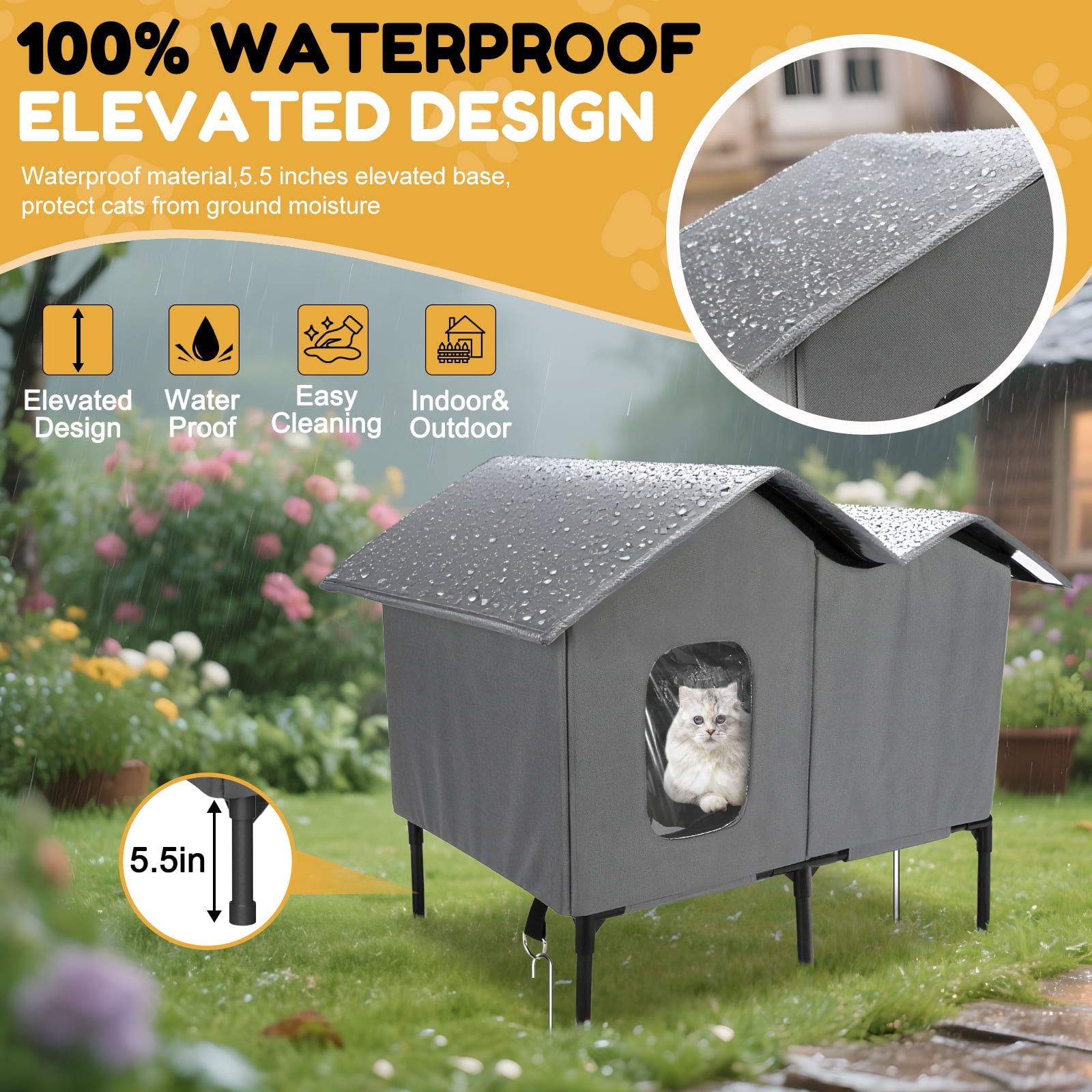 Outdoor Cat House Waterproof, Cat Shelter for Outside Cats, Weatherproof Feral Cat House for Backyard Garage Porch, Insulated Foldable Cat House Outdoor