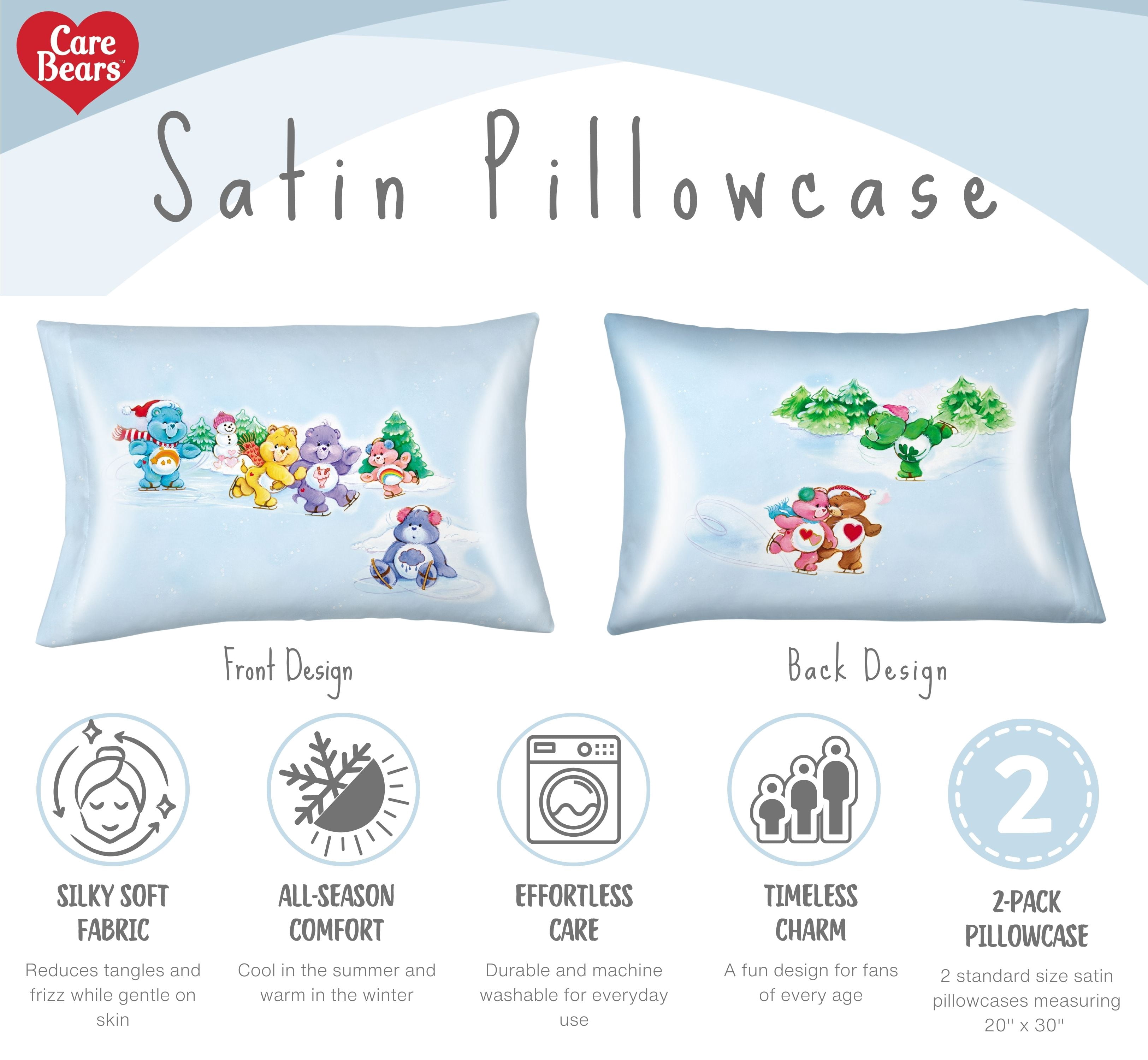 Care Bears Holiday Blue Reversible Silky Satin Pillowcase, Standard Size, 2-Pack