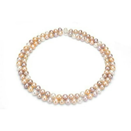 Multi-Color Freshwater Pearl Necklace for Women, Sterling Silver 2 Row 17 & 18 7x8mm