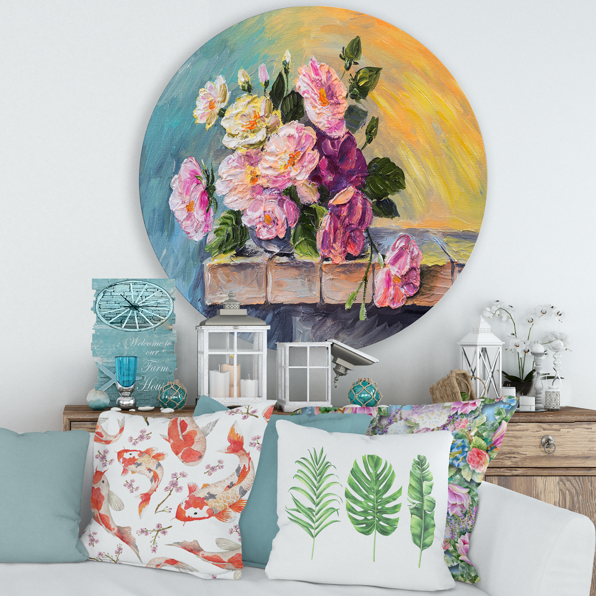 Designart 'Still Life With Bouquet Of Pink Flowers' Traditional Circle Metal Wall Art 29x29 - Disc of 29