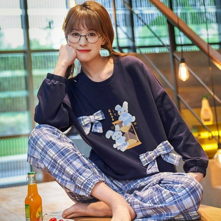 

QWZNDZGR Autumn New Pure Cotton Floral Women Pajama Sets Pyjamas Plaid Sleepwear kawaii Girl Loungewear Pijama Mujer Night Suits Homewear