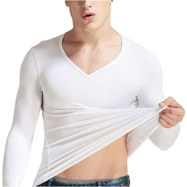 Japceit Slim Thin Thermal Underwear Men's V Neck Autumn Clothes Breathable  Basic Bottoming Shirt 