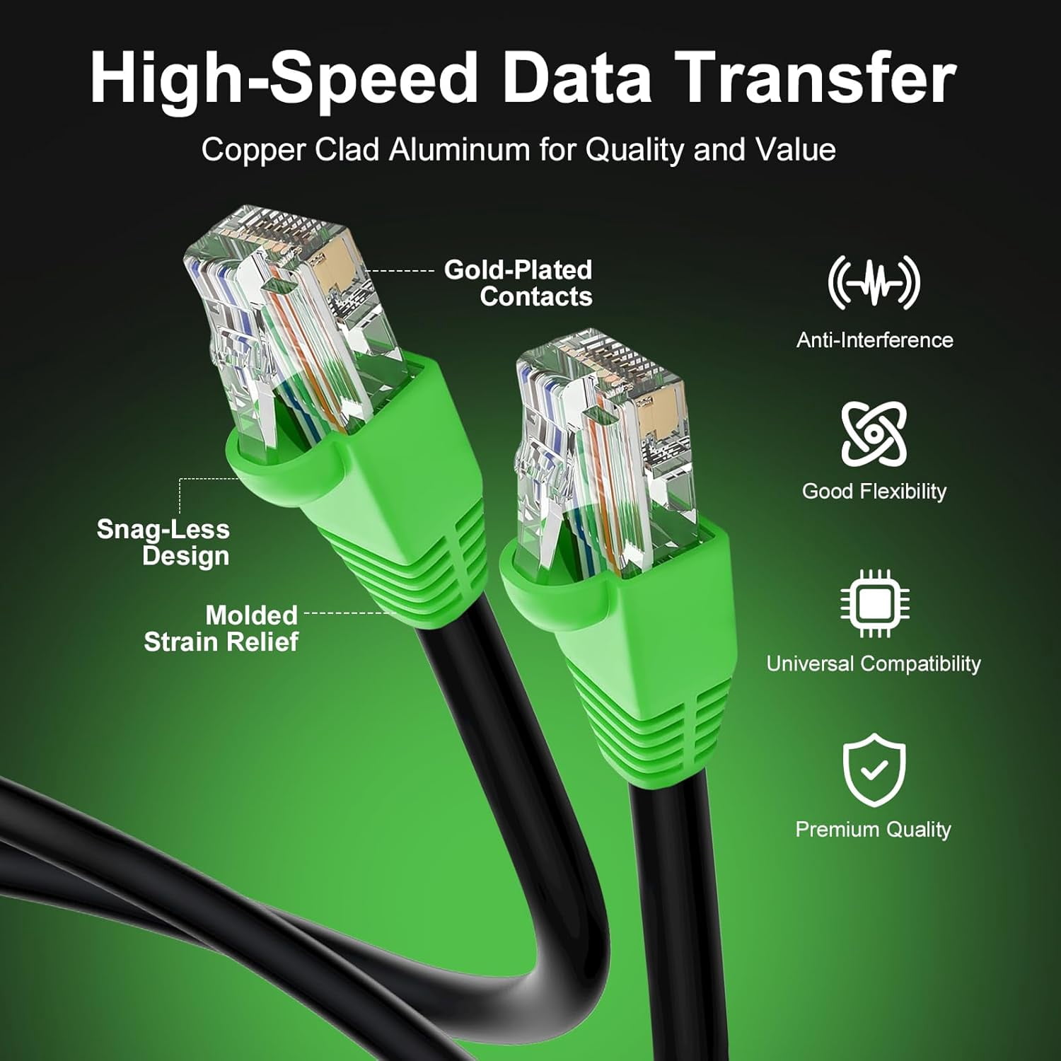 RJ45 Cat-6 Ethernet Patch Cable, 10Gpbs Transfer Speed, Gold-Plated Connectors, Copper-clad Aluminum, Outdoor, UV Resistant, Direct Burial, Waterproof, Durable, 250 Foot, Black
