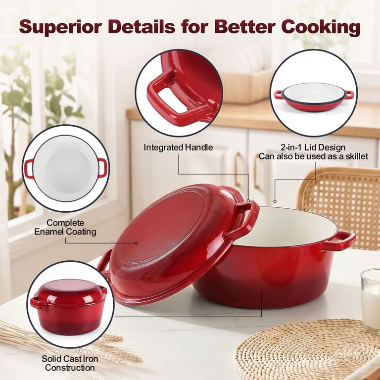 Walchoice 5-Quart Enameled Cast Iron Dutch Oven with Skillet Lid photo 6