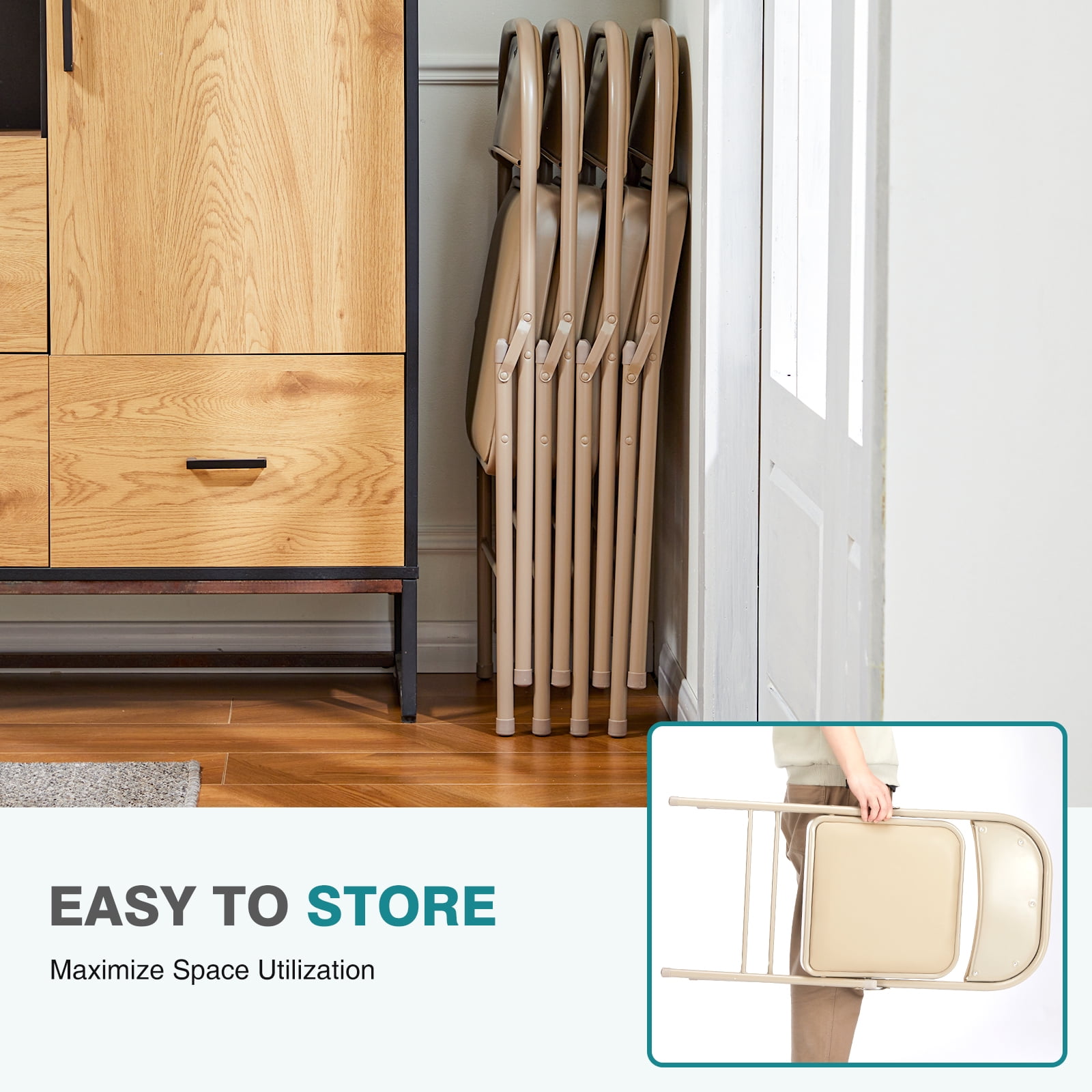 Folding Chair 4-Pack, Leather Padded, Easy Storage & Carry, Indoor Outdoor Use