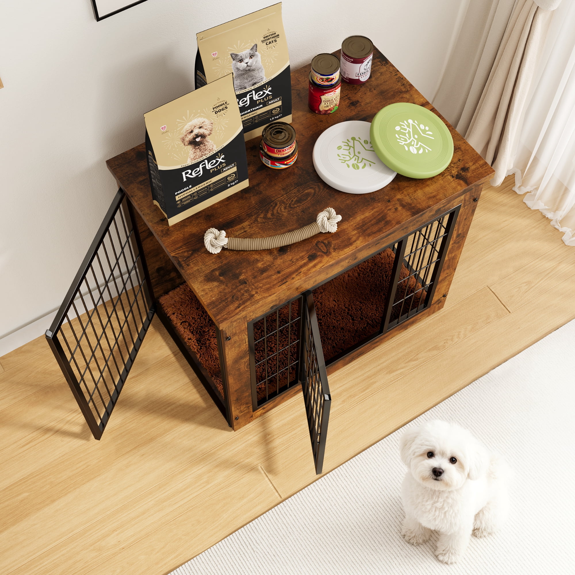 Furmax Wooden Indoor Dog Crate Furniture  with Double Doors and Thick Cushion,Brown