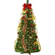 6FT Pop Up Christmas Tree with Lights, Pre-lit Artificial Christmas Trees, Lighted Collapsible Christmas Tree Fully Decorated with Red Gold Christmas Ball Ornaments Bows Ribbons Holiday Party Decor