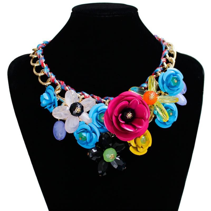 Elegant Crystal Flower Ribbon Chain Necklace Women Bib Statement Collar Chunky 