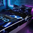 thumbnail image 2 of meiyoeat Gradient Gamepad Zipper Twin Comforter Sets with Fitted Sheet and 2 Pillowcases for Boys Gamers, Neon Honeycomb Blue Gaming Zipper Bedding Set, Black Reversible, 2 of 6