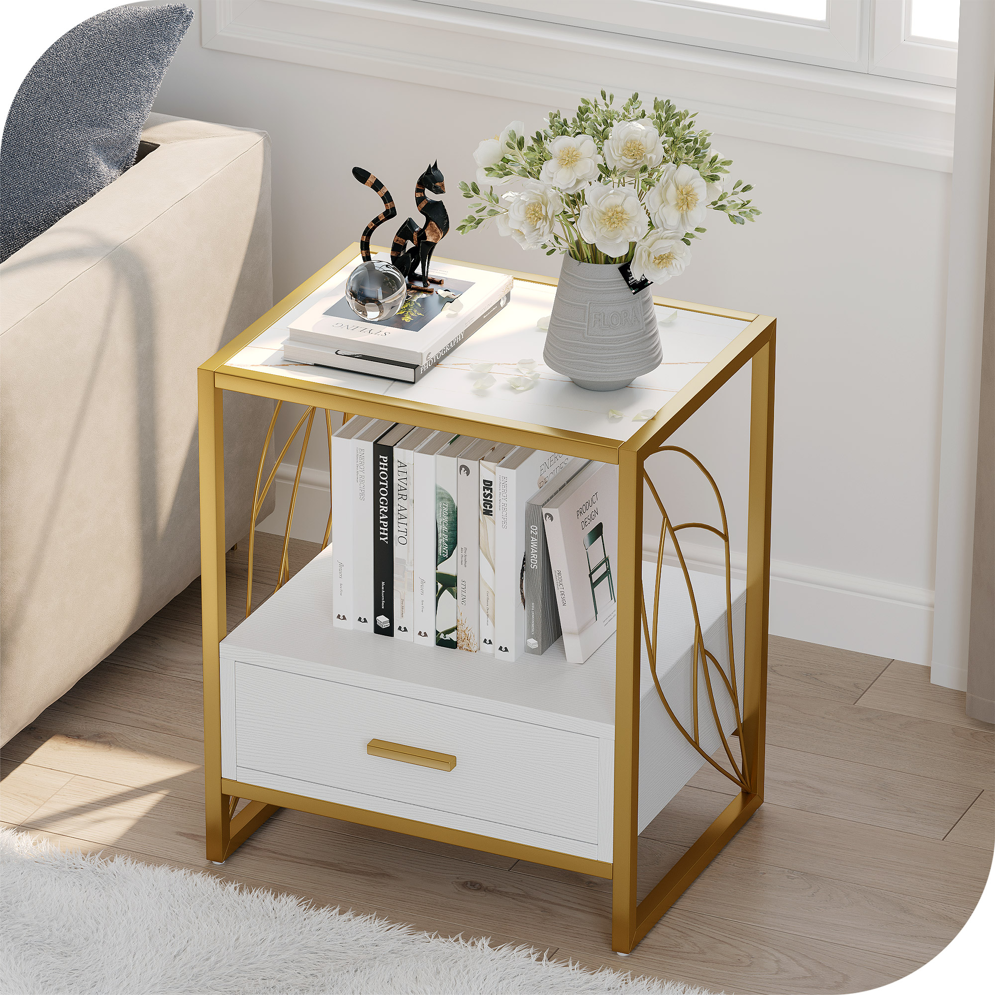 Dextrus End Table with Drawer and Storage Shelf, Modern Nightstand Table Sofa Side Table with Sintered Stone Tabletop and Metal Leaf Shaped Frame for Living Room, Bedroom, White and Gold