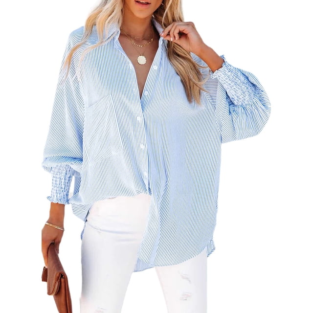 Camisa de novio para mujer LEMAFER a rayas azules de gran tamaño