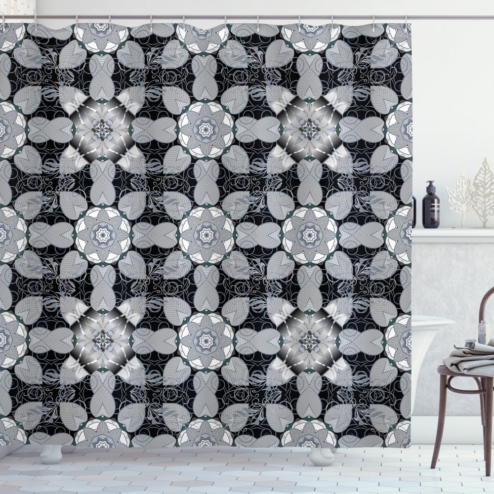 Black and Grey Shower Curtain, Old Fashioned Traditional Kaleidoscopic Motifs, Fabric Bathroom