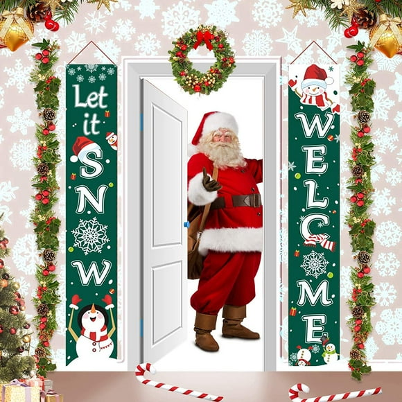 Christmas Decorations Outdoor - Xmas Porch Sign Banners - Welcome Let it Snow Holiday Decor for Front Door Indoor Yard Home Garage Wall Outside (Green)