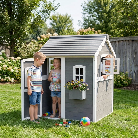 Outsunny Playhouse for Kids, Outdoor Wooden Playhouse with Floor, Door, Windows & Planter Box for 3-8 Years Old, Backyard, Lawn, Garden, Gray