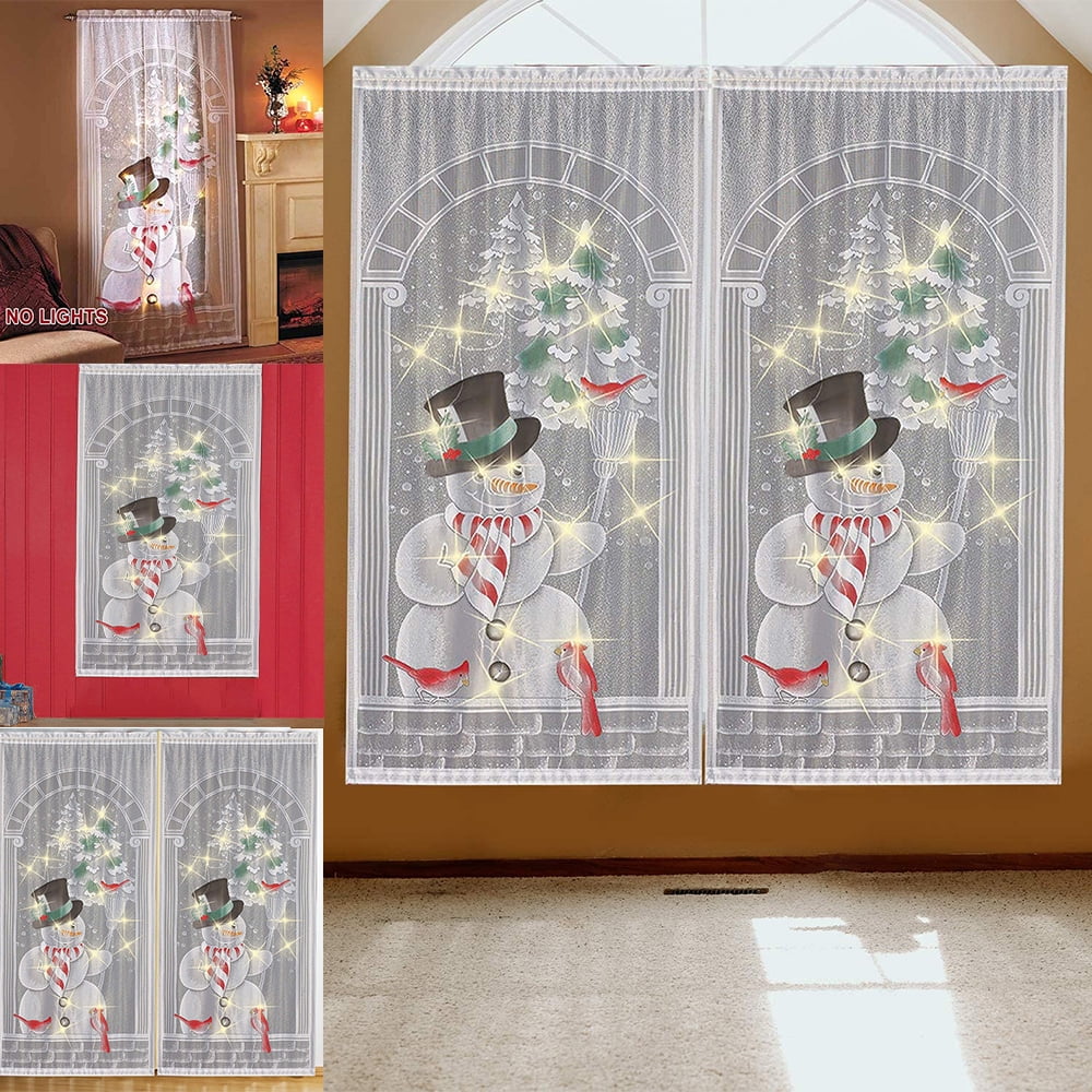 Goory Rod Pocket With LED Light Drapes Xmas Bedroom Treatments Window Curtain Snowman Decoration Living Room Christmas Curtains