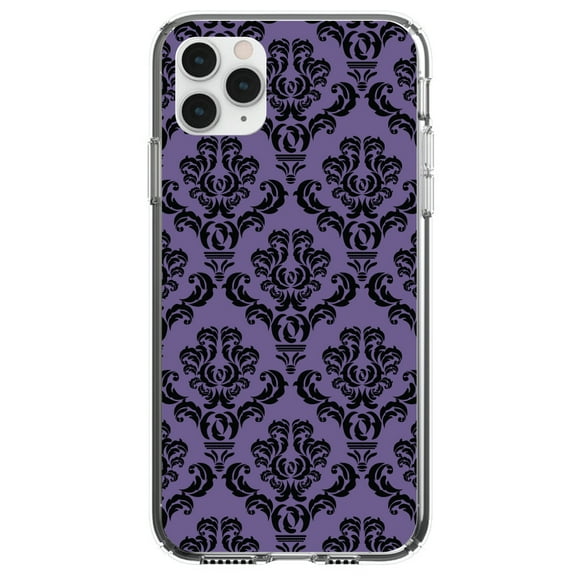 DistinctInk Clear Shockproof Hybrid Case for iPhone 12 / 12 PRO (6.1" Screen) - TPU Bumper, Acrylic Back, Tempered Glass Screen Protector - Purple Black Damask Floral - Floral Damask Pattern