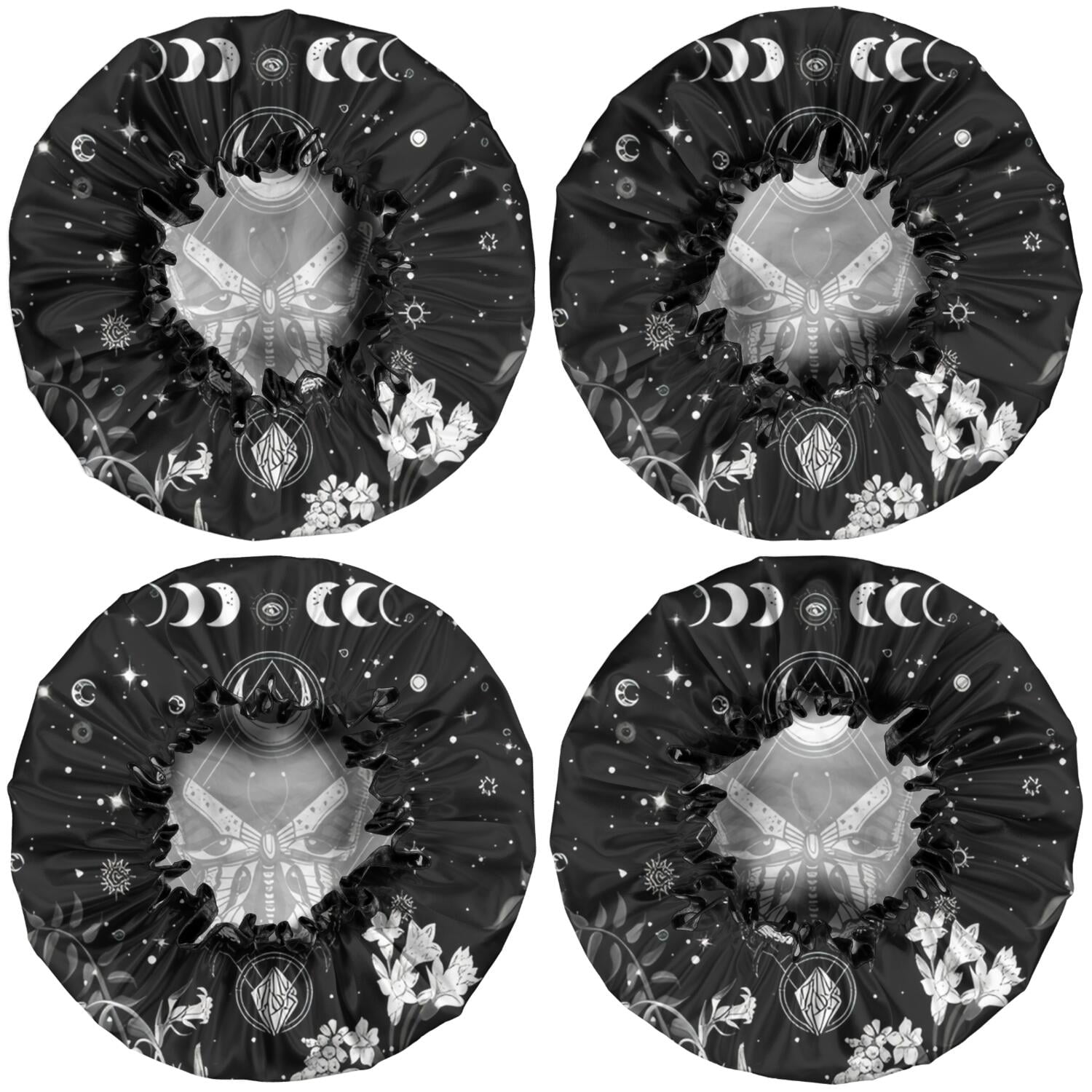 Shower Caps,Black Gothic Sun Moon Flower Pattern Waterproof Shower Cap for Women 4 Pieces,Double Reusable Hair Cover for Shower PEVA Elastic Stretch Hem