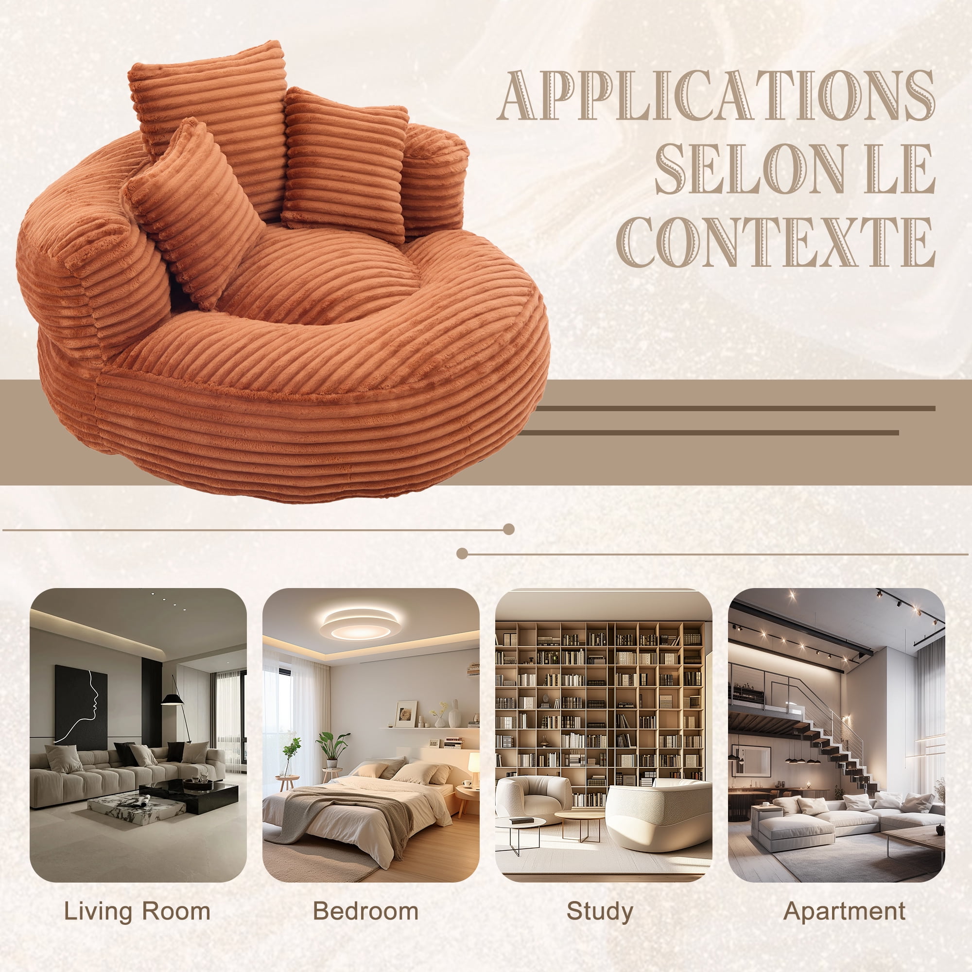 Aukfa 42.5"W Oversized Round Chaise Lounge Chair Indoor, Corduroy Floor Sofa with 3 Pillows, 550 lbs, Orange
