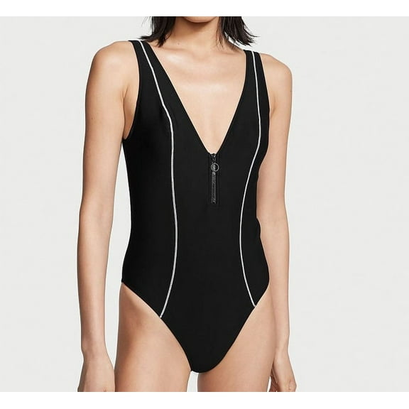 New VICTORIA'S SECRET SWIM Sexy Sport One-Piece Swimsuit Zip Up Black Medium