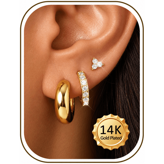 VEEDOFA 3-Pair Gold Earrings Set for Women, Huggie Hoops & CZ Studs, 14K Gold Plated