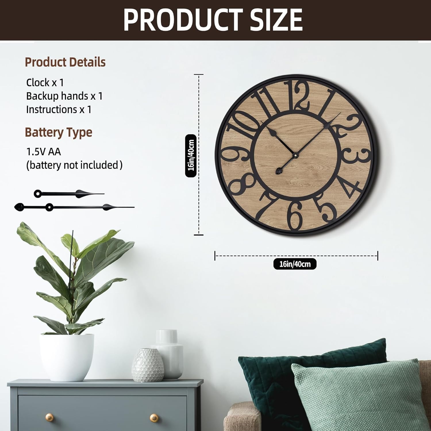 PrimeCook Shop Large Wall Clock for Living Room,Metal & Wood Silent Rustic Farmhouse Wall Clock with Arabic Numeral, Battery Operated Decorative for Bedroom Office Home Decor 20inch Black