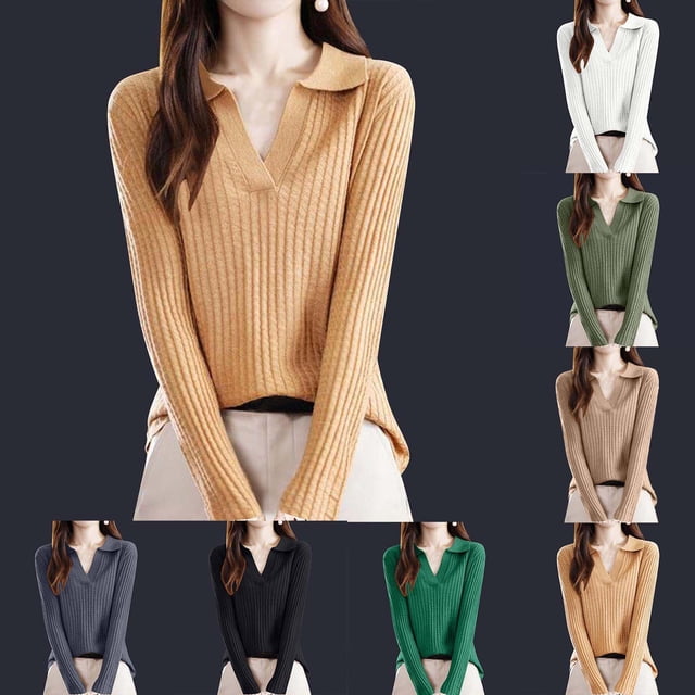 LOVZFMLL Sweaters for Women V-Neck Ribbed Pullover Solid Color Lapel Casual Basic Relaxed Fit Tops Warm Fall Winter Clothes