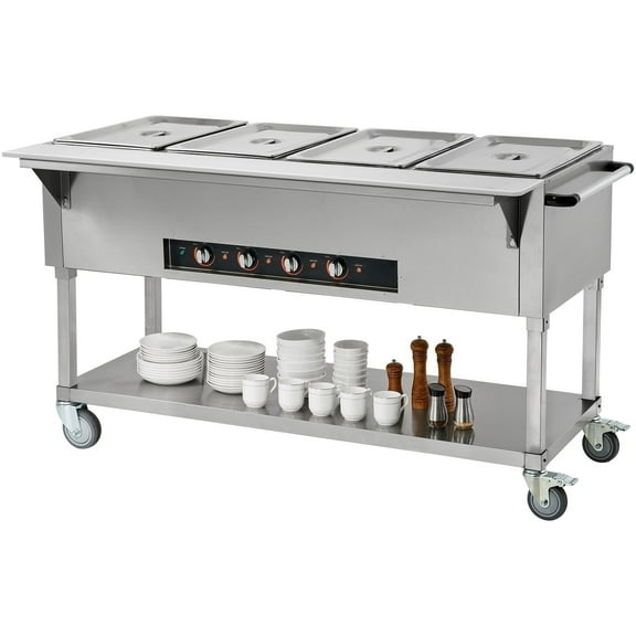 KFFKFF 4-Pan Commercial Food Warmer 4 x 20.6QT Electric Steam Table 2000W 4 Wheel
