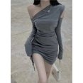 thumbnail image 4 of Vestido negro ajustado con hombros descubiertos para mujer, Vestido corto con cuello Diagonal de moda, con cordones, pliegues sólidos, Primavera, nuevo, 4 of 4