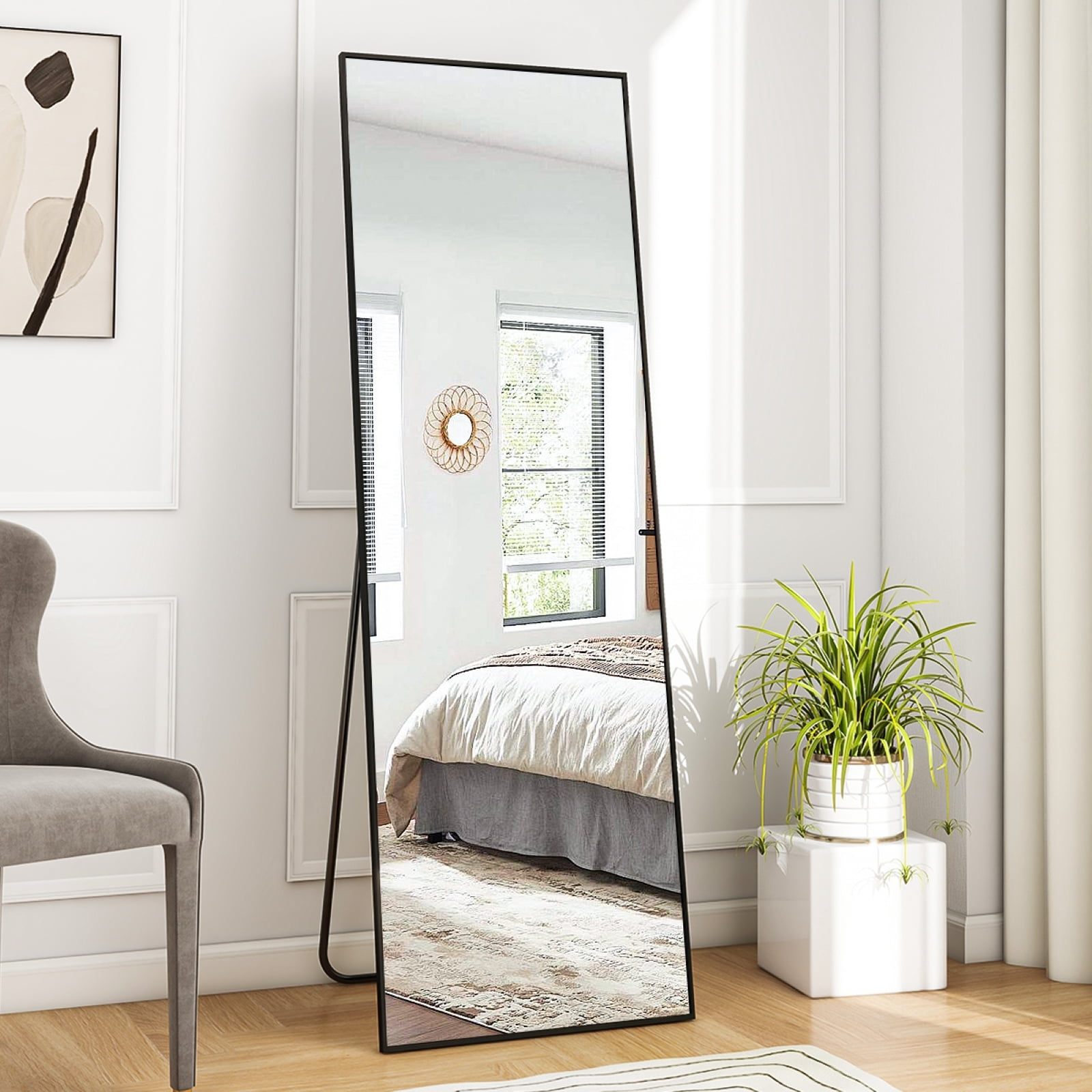 SEETHRUGLIMMER 59"x 16.25" Rectangle Full Length Mirror Metal Frame Floor Mirror with Stand, Black