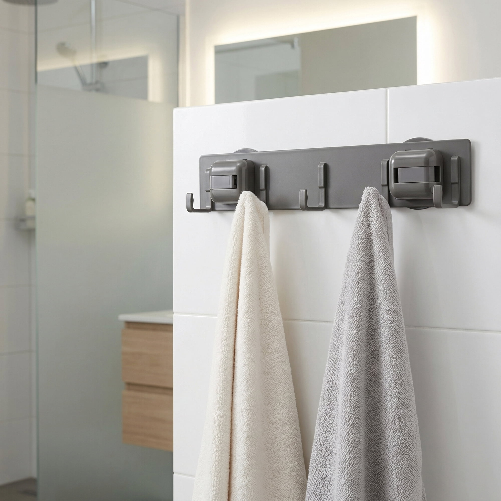 Unique Bargains Coat Rack Wall Mount Metal Suction Square 5 Hooks Rack Gray 13.2"x2.4"
