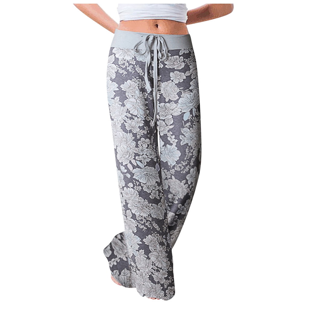 Squishhappy Womens Comfy Stretch Floral Print Drawstring Wide Leg