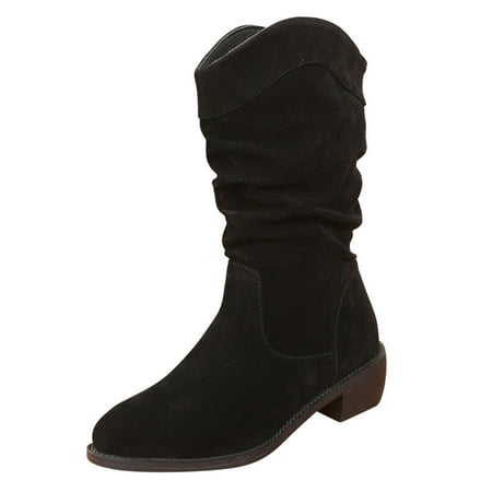 

HGWXX7 Middle Shoes Solid Color Round Retro Women Slip On Booties Toe Hight Heels Women s Boots Fall Shoes