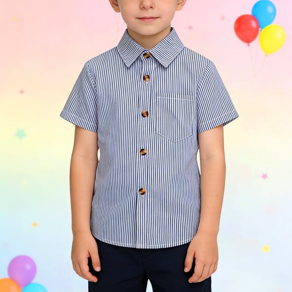 CPNG Toddler & Kids' Short-Sleeve Button-Down Shirt - Classic Black & White Vertical Stripes, Soft Breathable Fabric, Casual Daily Wear