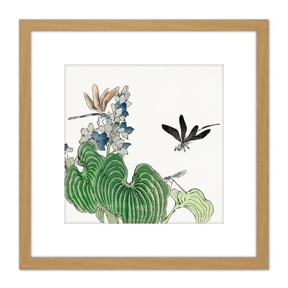 Tohaku Churui Gafu Dragonfly On Flower Book 8X8 Inch Square Wooden Framed Wall Art Print Picture with Mount